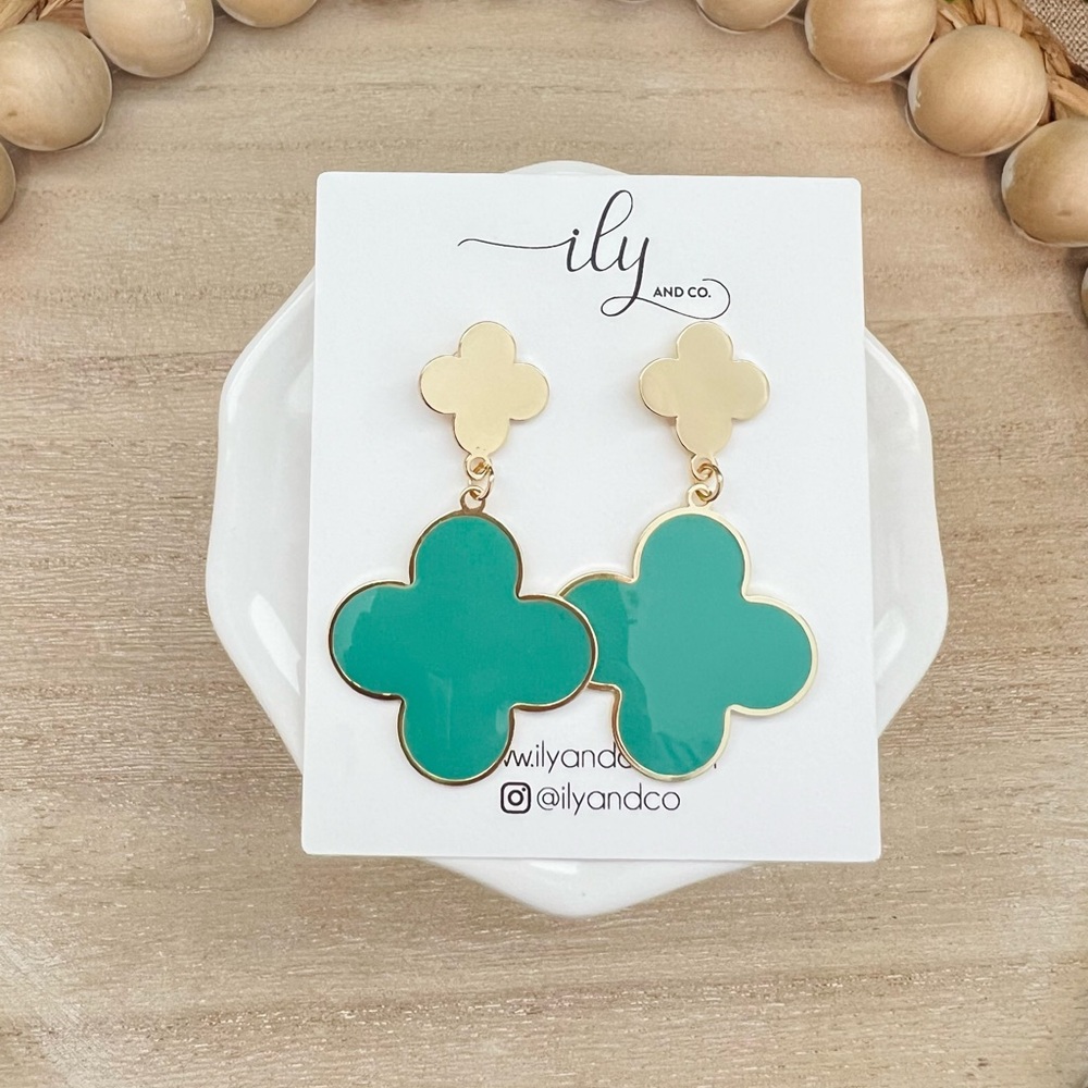 New Turquoise and Gold Clover Drop Dangle Earrings Lightweight | Coastal Geandma